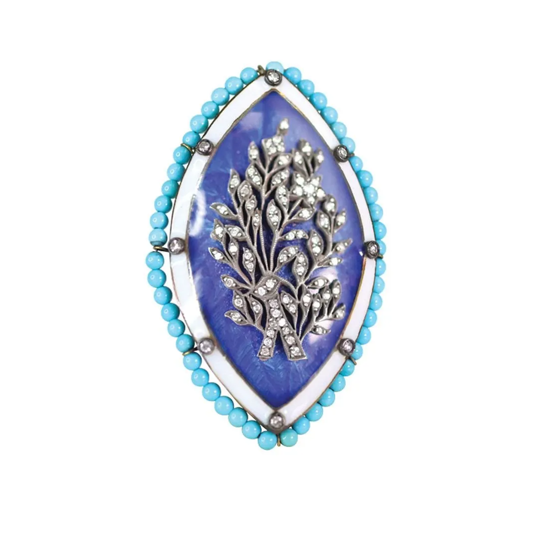 18k Yellow Gold, Turquoise, Diamond and Enamel Brooch