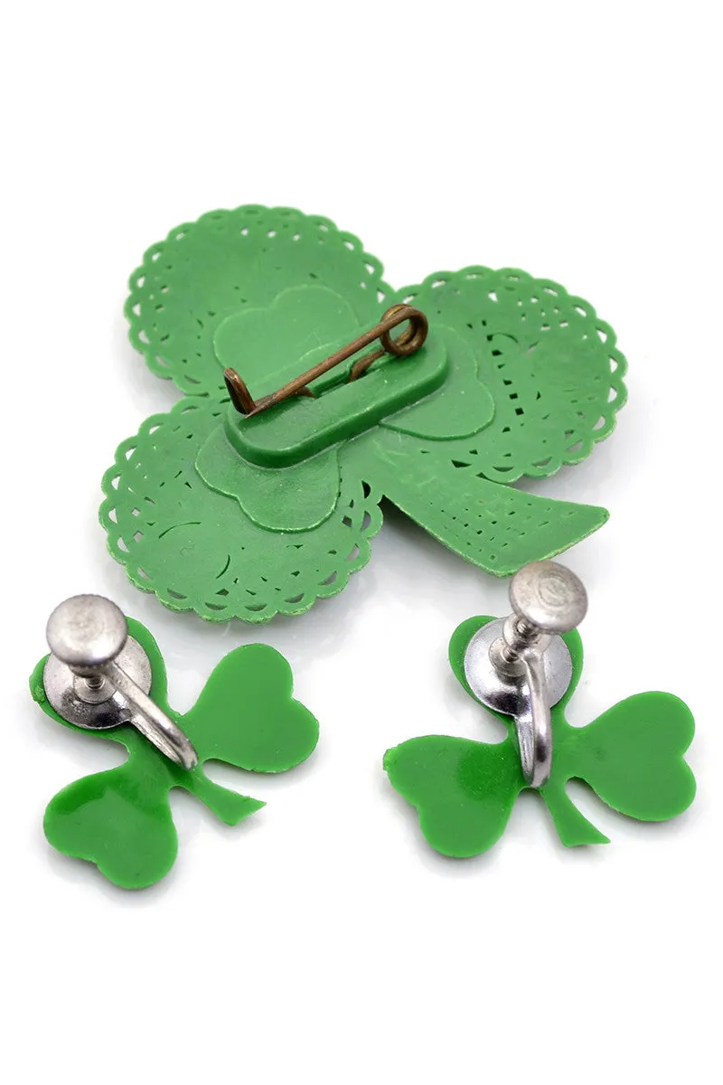 1940s Vintage Green Shamrock Brooch Pin with Earrings