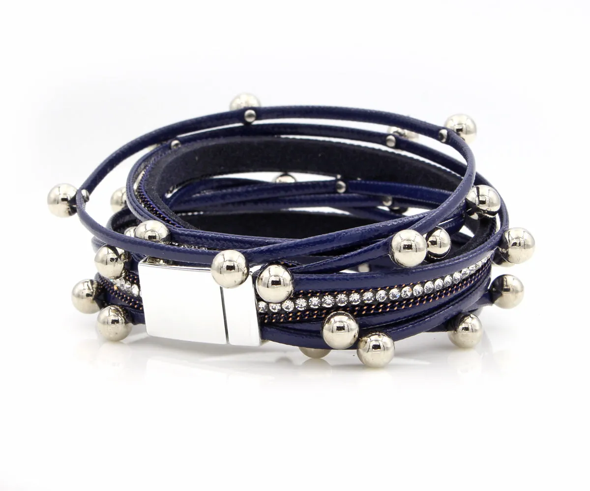 Beaded Navy Double Wrap Leather Bracelet