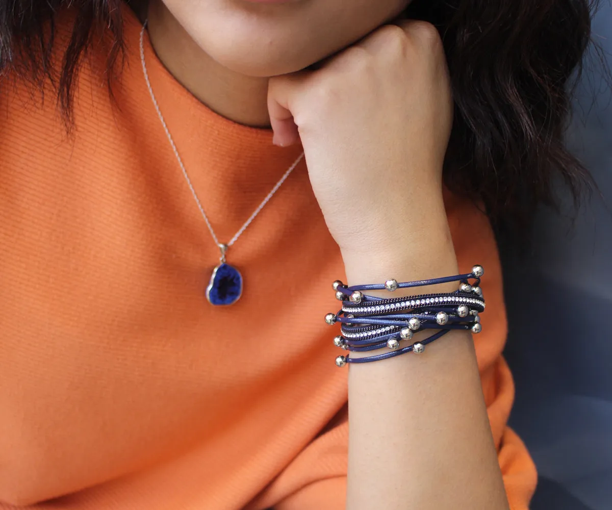 Beaded Navy Double Wrap Leather Bracelet
