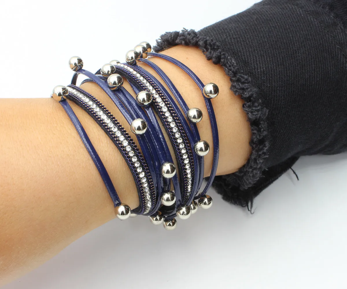 Beaded Navy Double Wrap Leather Bracelet