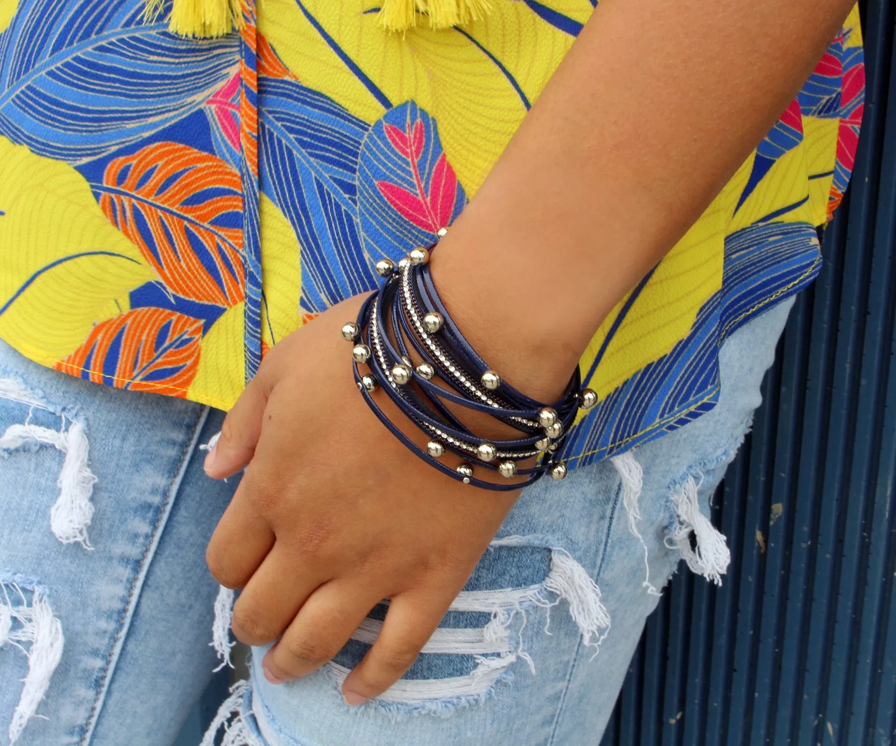 Beaded Navy Double Wrap Leather Bracelet