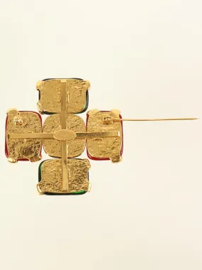 CHANEL 1994 Made Cross Motif Gripoix Pearl Cc Mark Brooch Green/Red/White