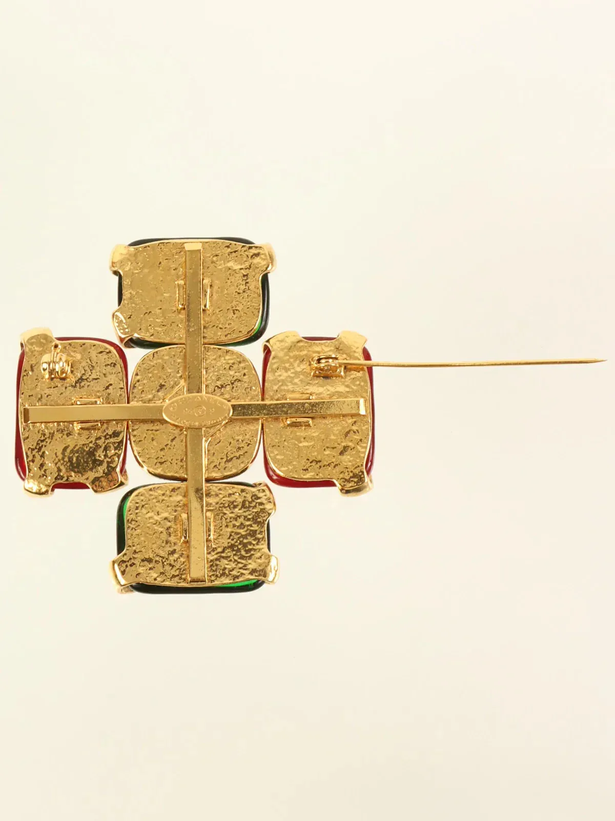 CHANEL 1994 Made Cross Motif Gripoix Pearl Cc Mark Brooch Green/Red/White