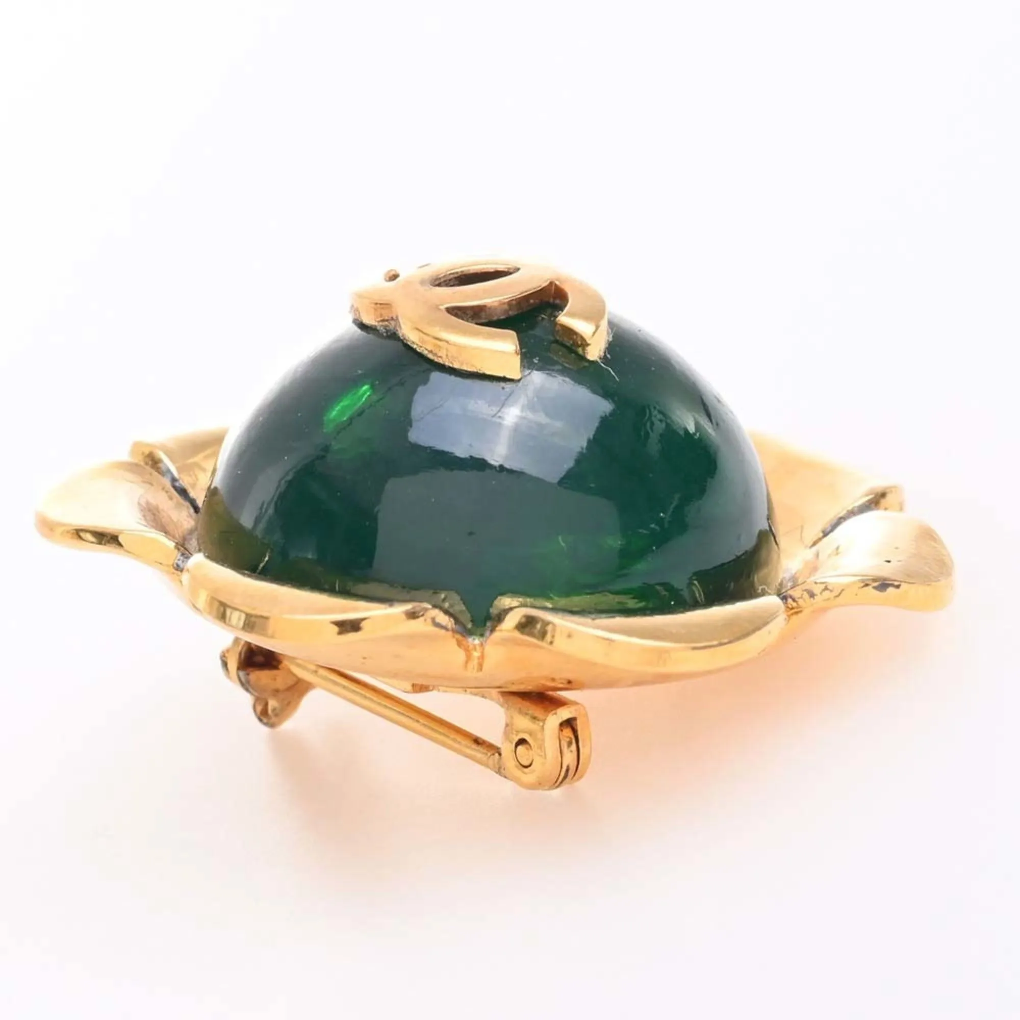 CHANEL Colored Stone Flower Motif Coco Mark Brooch Green Ladies