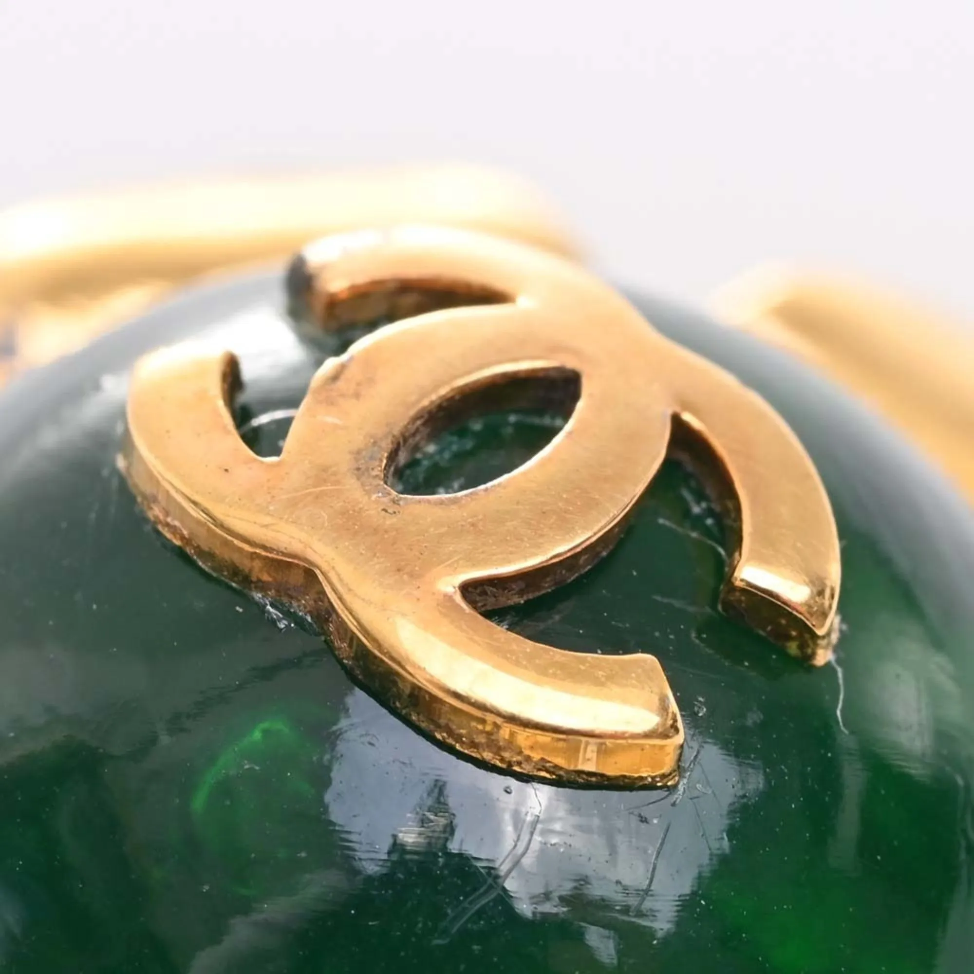 CHANEL Colored Stone Flower Motif Coco Mark Brooch Green Ladies