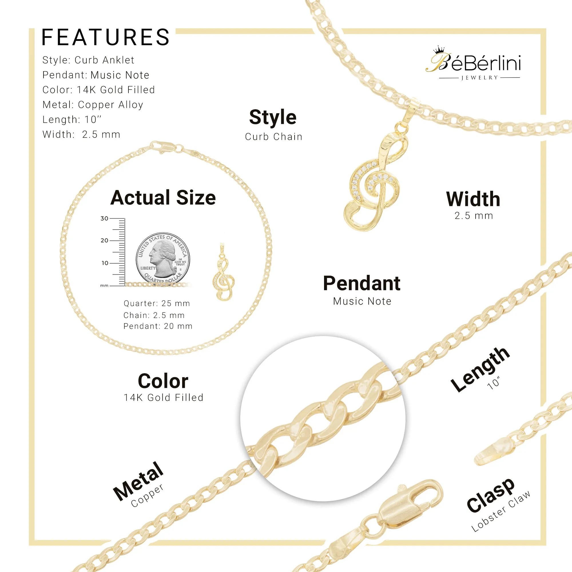 Music Note Pendant 14K Gold Filled Cubic Zirconia Anklet 10" Set 2.5 mm Women Jewelry