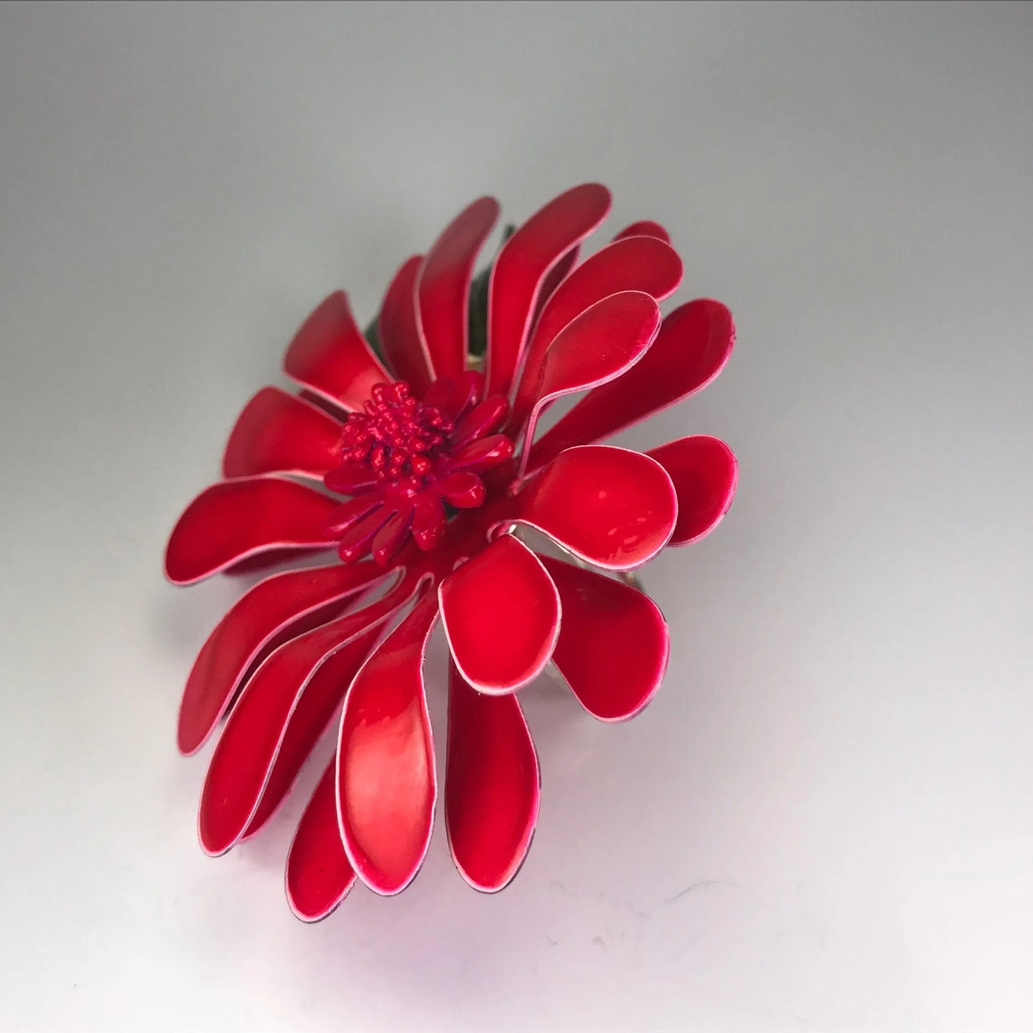 Vintage Red Enamel Flower Statement Ring. Upcycled Brooch Ring. Recycled Jewelry.