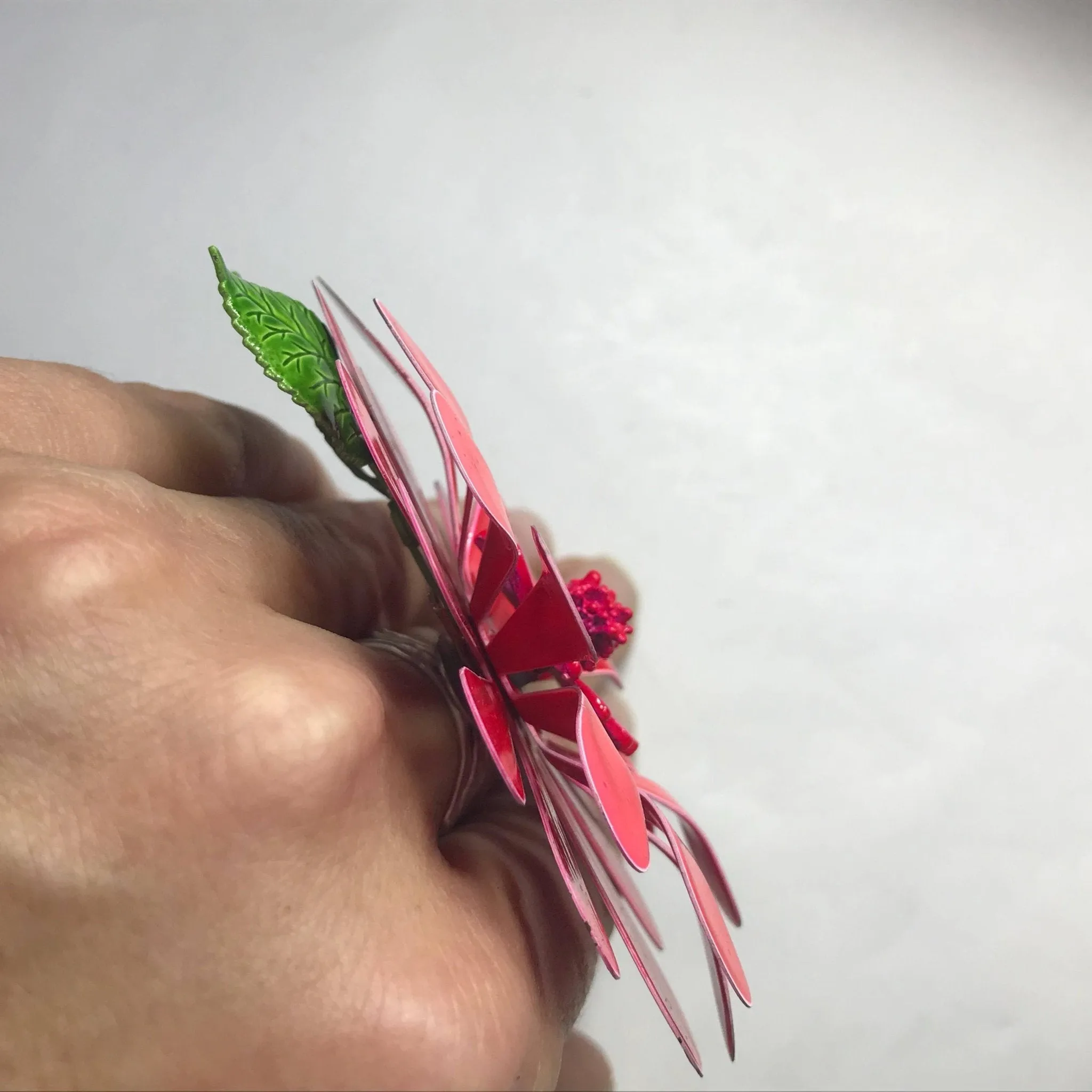 Vintage Red Enamel Flower Statement Ring. Upcycled Brooch Ring. Recycled Jewelry.