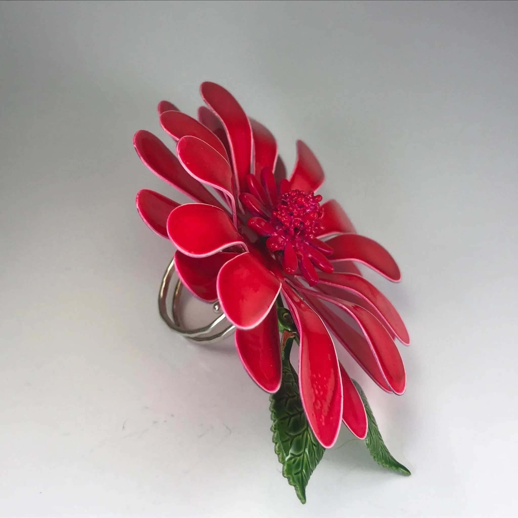 Vintage Red Enamel Flower Statement Ring. Upcycled Brooch Ring. Recycled Jewelry.