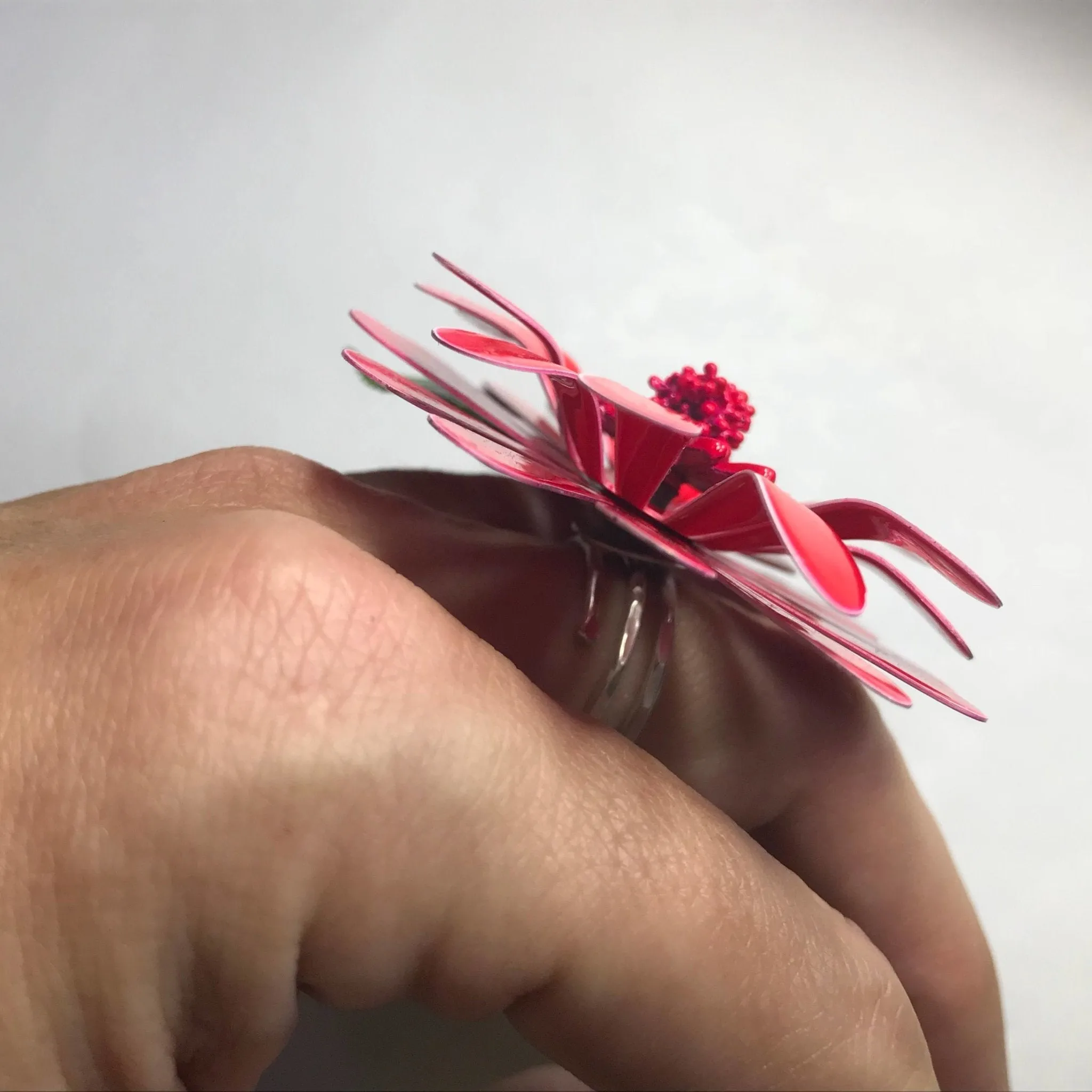 Vintage Red Enamel Flower Statement Ring. Upcycled Brooch Ring. Recycled Jewelry.